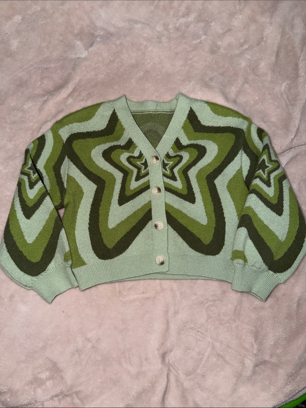 Mint and Olive Star-Pattern V-Neck Cropped Cardigan